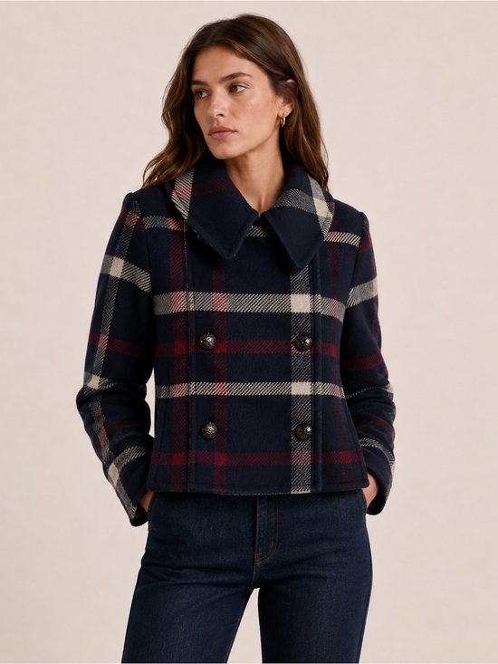 Lauren Ralph Lauren Jackets & Blazers - Ralph Lauren Wool Blend Plaid Peacoat Navy Burgundy Cropped Preppy Heritage 8